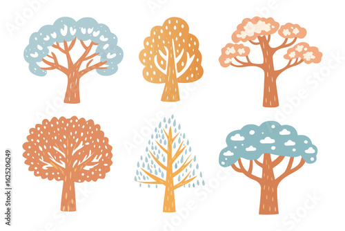 Enchanting Array of Hand-Drawn Trees: A captivating collection of six meticulously illustrated trees, each showcasing its own unique silhouette, branching pattern, and exquisite color palette.