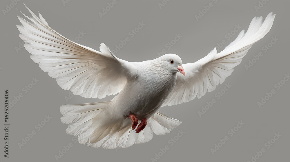 Fototapeta premium A white dove in mid-flight over plain gray background