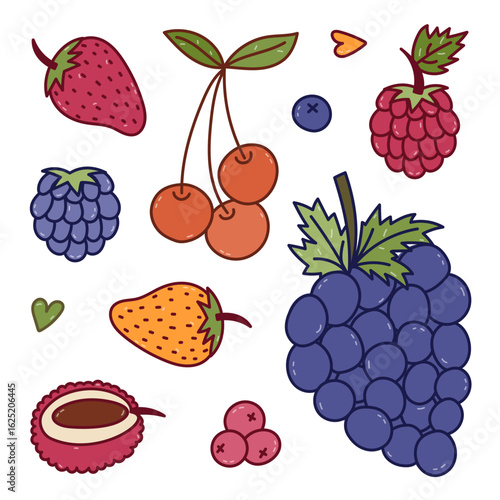 Lovely multicolored doodle set with summery and autumn fruit and berries. Vivid grape, strawberry, cherry for poster, design, social media, print. Healthy yummy food collection isolated on white.