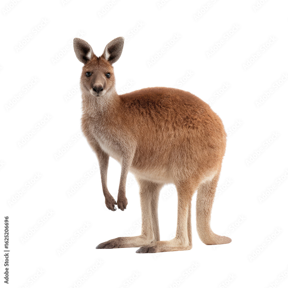 Fototapeta premium Cute kangaroo standing on its hind legs in a natural setting looking curiously at the camera, showcasing its unique features and personality