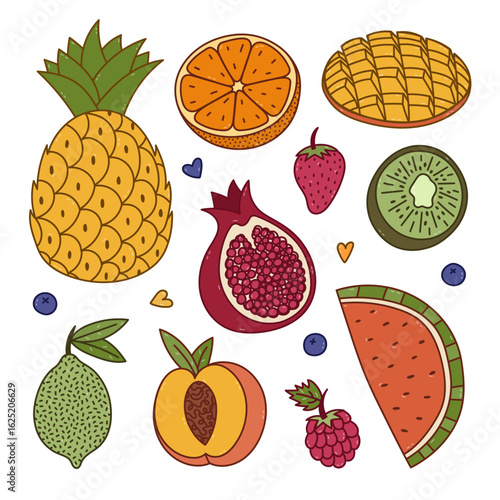 Lovely doodle set with juicy healthful fruits and berries. Trendy vivid doodle of pineapple, mango, grapefruit, lime, kiwi, peach for packaging, menu, logo. Sweet food collection isolated on white.