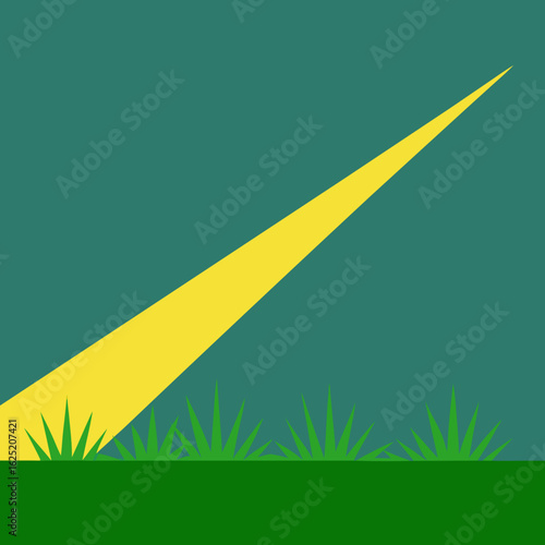 A bright yellow beam cuts across a green grassy field under a teal sky