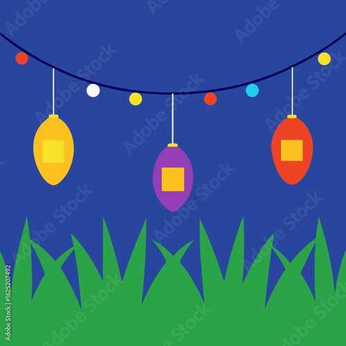 Festive string lights hanging over green grass at night