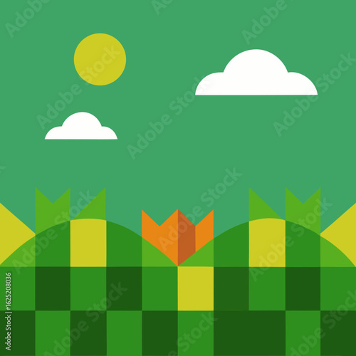 Geometric spring landscape with sun and clouds