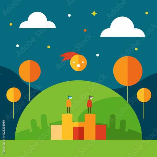 Two figures stand on a podium under a starry sky with a comet