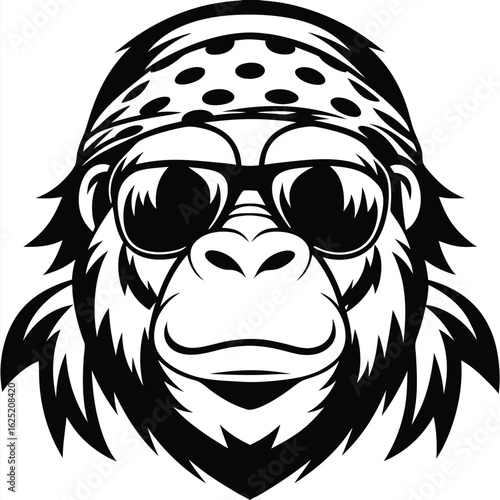 Black and white gorilla head wearing sunglasses and a polka dot bandana appears formidable