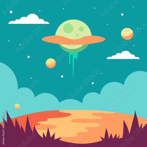 Stylized alien landscape with flying saucer and planets