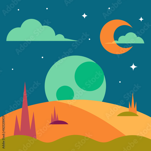 Whimsical alien landscape under a crescent moon and large planet
