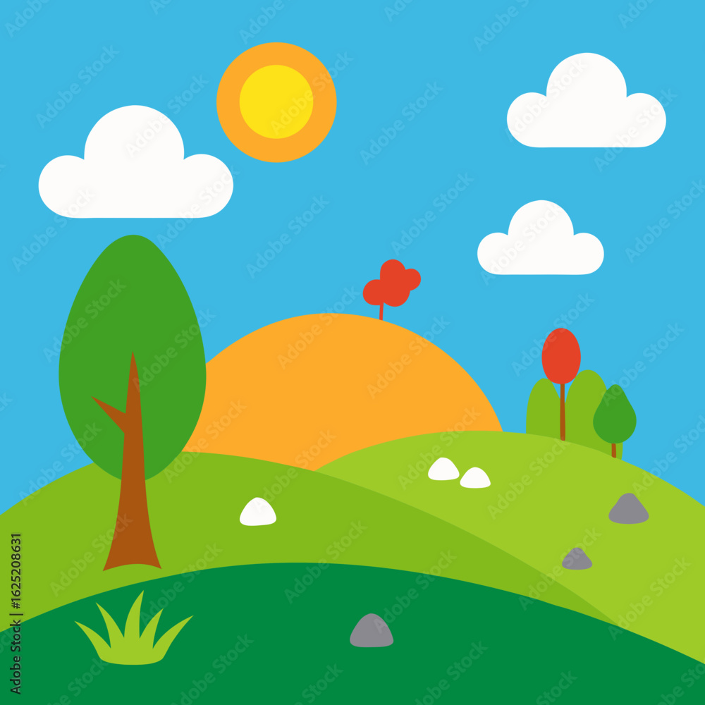 Obraz premium Sunny day on rolling green hills with simple trees and clouds