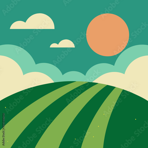Stylized rolling green fields under a sunny sky