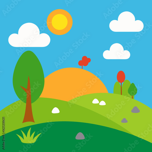 Sunny day on rolling green hills with simple trees and clouds