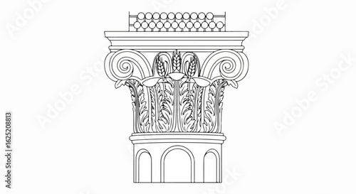 Ornate classical column capital line art with acanthus leaves, volutes, and wheat stalks