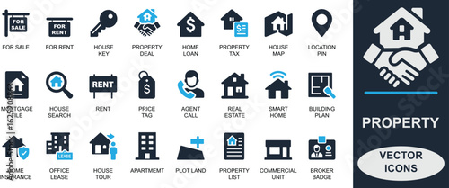 Modern property icon set. Featuring real estate, rent, sale, mortgage, home, broker, contract, location, and house search. Perfect for apps, web, and UI use.