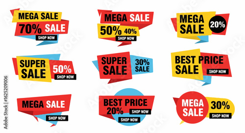 Collection of Nine Colorful Sale Banners with Varied Discounts