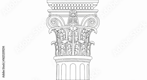 Ornate Corinthian capital line drawing with detailed acanthus leaves, volutes, and a central fleuron.