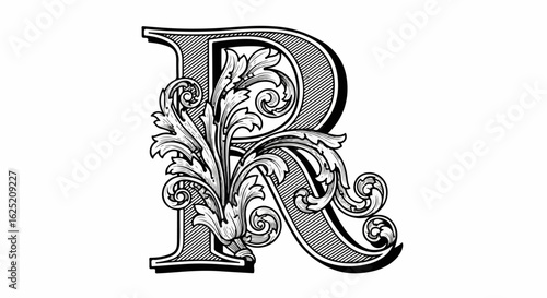Ornate Capital Letter R with Flourishes, Black and White, Detailed Engraving Style