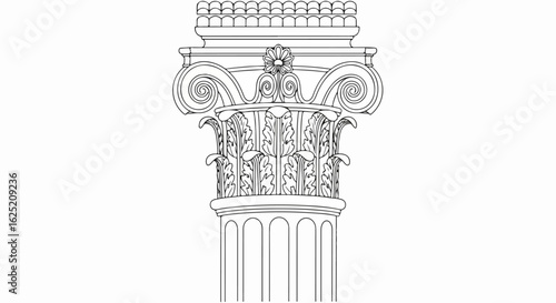 Ornate line art of a classical Composite column capital with acanthus leaves, volutes, and a central rosette.
