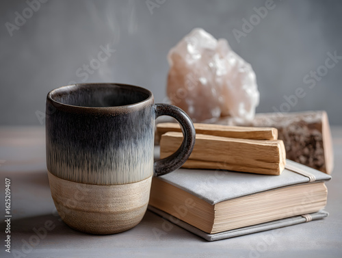 Wallpaper Mural Cozy Home Decor Photography: Stylish Mug and Crystal on Wooden Books for Relaxation Torontodigital.ca