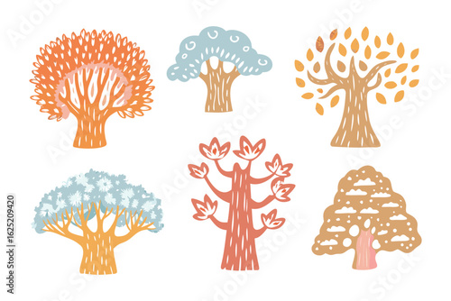 Arboreal Harmony: A collection of six trees, each bearing unique shapes and colors, stands as a testament to the diverse beauty of nature. The image is a charming illustration of woodland serenity.