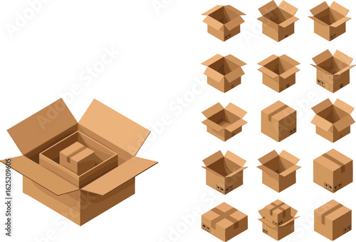 Cardboard box set, open cardboard boxes, closed shipping boxes, nested boxes, packaging, carton design, delivery, storage, transportation, logistics, packing