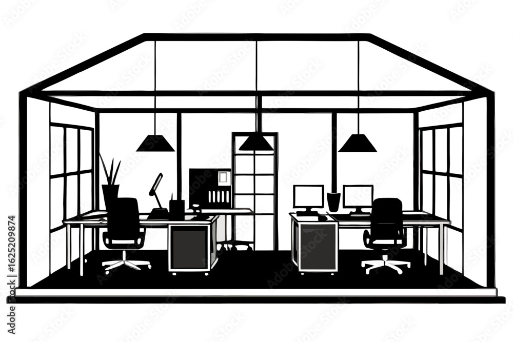 Fototapeta premium Open-Plan Office Workspace Silhouette Vector – Modern Collaborative Environment and Teamwork Concept