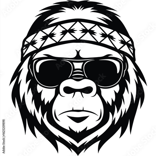 Gorilla face sporting cool sunglasses and a patterned headband appears bold and stylish