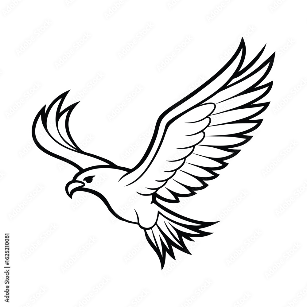 Obraz premium Stylized black and white illustration of a soaring eagle in midflight, wings spread wide, conveying freedom, power, and majesty, suitable for emblem and mascot designs