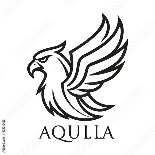 Stylized black and white illustration of an eagles head and wings, with the word aquila below, isolated on white background