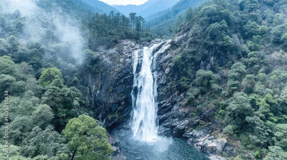 Fototapeta premium A waterfall cascading down a mossy cliff into a crystal pool, tropical forest, rainbows in mist, natural wonderland 