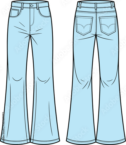 Light blue flared jeans vector, women's bootcut denim pants CAD drawing, fashion technical flat sketch front and back design