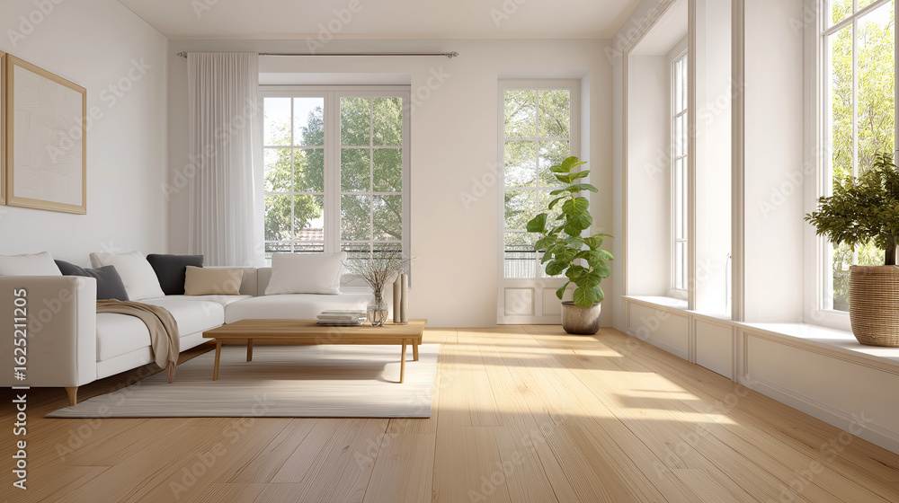 Obraz premium A modern minimalist living room, white walls, wooden floor, natural light