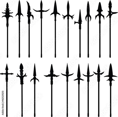 Spear and Polearm Vector Silhouette Set. A comprehensive collection of medieval and historical weapon designs for fantasy, gaming, and history concepts.