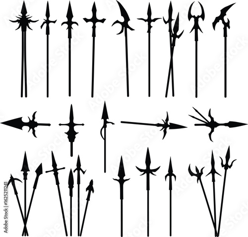 Spear and Polearm Vector Silhouette Set. A comprehensive collection of medieval and historical weapon designs for fantasy, gaming, and history concepts.