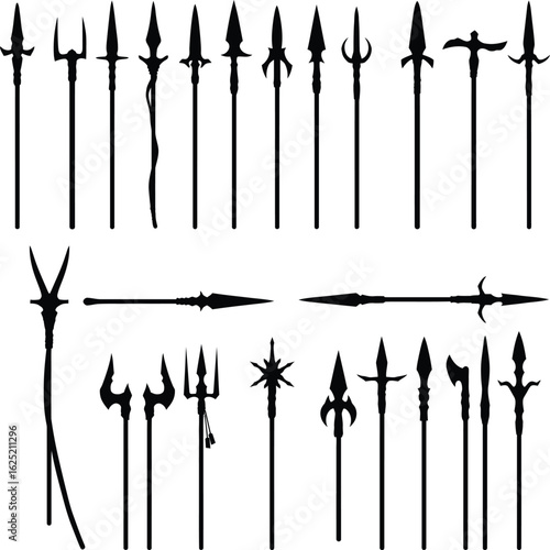 Spear and Polearm Vector Silhouette Set. A comprehensive collection of medieval and historical weapon designs for fantasy, gaming, and history concepts.