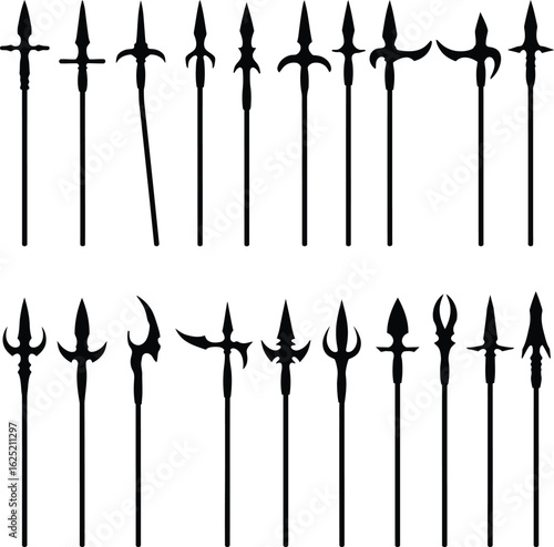 Spear and Polearm Vector Silhouette Set. A comprehensive collection of medieval and historical weapon designs for fantasy, gaming, and history concepts.