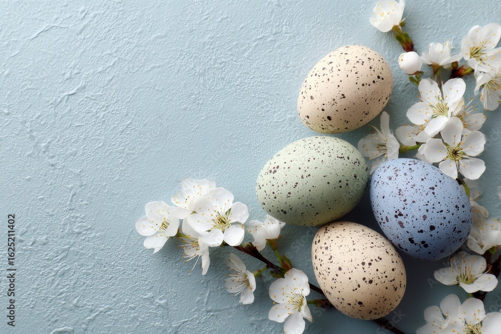 Fototapeta premium Speckled Easter Eggs with White Flowers on Blue Background