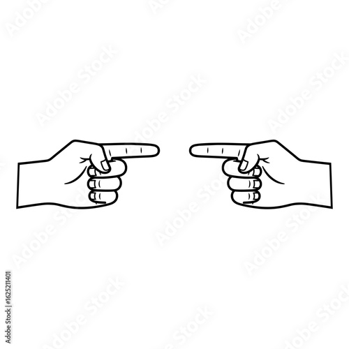 A minimalist black line art vector illustration of two hands with index fingers pointing at each other. Symbolizing connection, direction, or comparison, ideal for a variety of design projects.