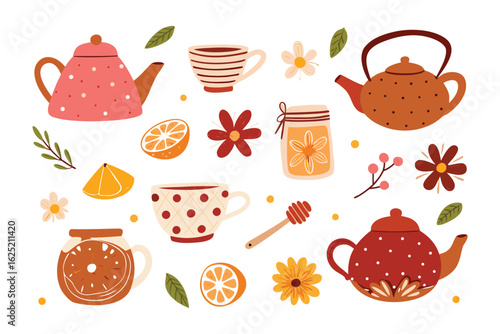 Tea Party Illustration: A delightful illustration showcases a variety of tea essentials. Including teapots, teacups, honey jars, and vibrant floral accents. Perfect for a cozy tea time scene.