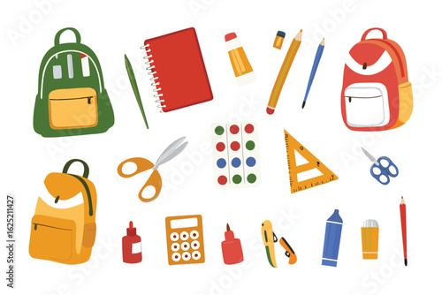 School Supply Collection: A colorful assortment of essential school supplies laid out, ready for learning and creative projects, includes pencils, crayons, notebooks, and scissors.