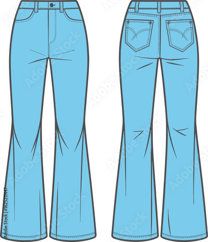 Bright blue flared jeans CAD template, women's denim pants technical sketch, fashion flat front and back view vector drawing design