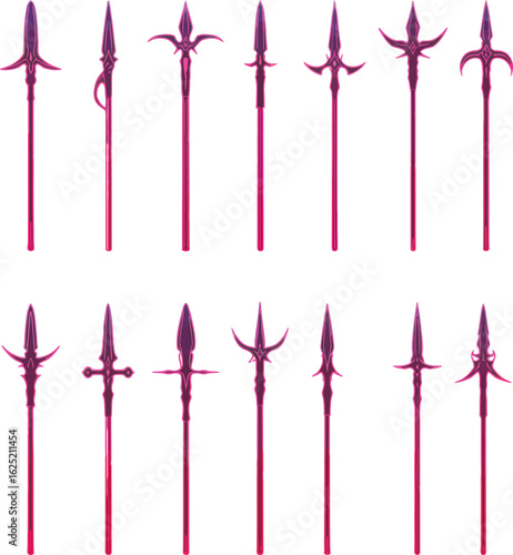 Spear and Polearm Vector Color Illustration Set. A detailed collection of vibrant medieval and historical weapon designs for fantasy, gaming, and comics.