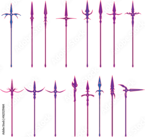 Spear and Polearm Vector Color Illustration Set. A detailed collection of vibrant medieval and historical weapon designs for fantasy, gaming, and comics.