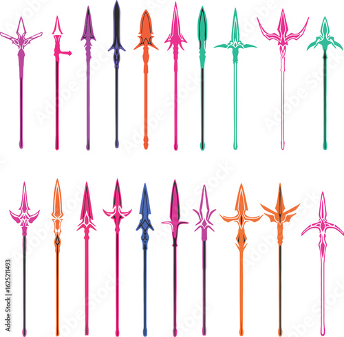 Spear and Polearm Vector Color Illustration Set. A detailed collection of vibrant medieval and historical weapon designs for fantasy, gaming, and comics.