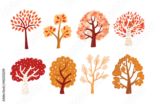 Autumnal Orchard Collection: A vibrant collection of stylized autumnal trees bursts with color and intricate textures. Perfect for adding a touch of seasonal charm to any creative project.
