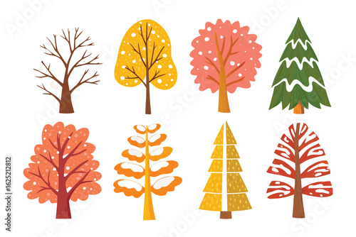 Diverse tree set: A vibrant assortment of stylised tree illustrations, each uniquely rendered, presenting a visual celebration of botanical diversity in a digital artwork.
