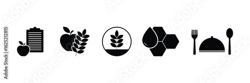 Set of Nutrition icon collection. Protein, fruits, water, vitamins, minerals symbol.