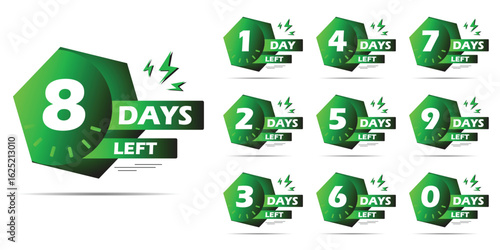 Countdown days left banner. count time and days for sale banner, poster, lable, Nine, eight, seven six five four three two one zero days to go with green color. Vector template,
