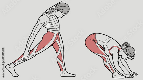 Man and woman transitioning from plow pose to push-up, depicted in vector, showcasing yoga practice and fitness.