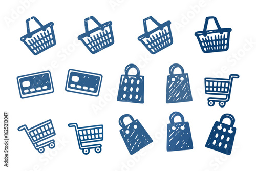 Shopping Symbols: A curated collection of charming line art depicting essential shopping icons, each meticulously crafted in a minimalist style.