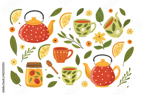 A Whimsical Tea Party: An inviting collection of cheerful teacups, teapots, and herbal tea ingredients, artfully arranged to evoke warmth and delight.